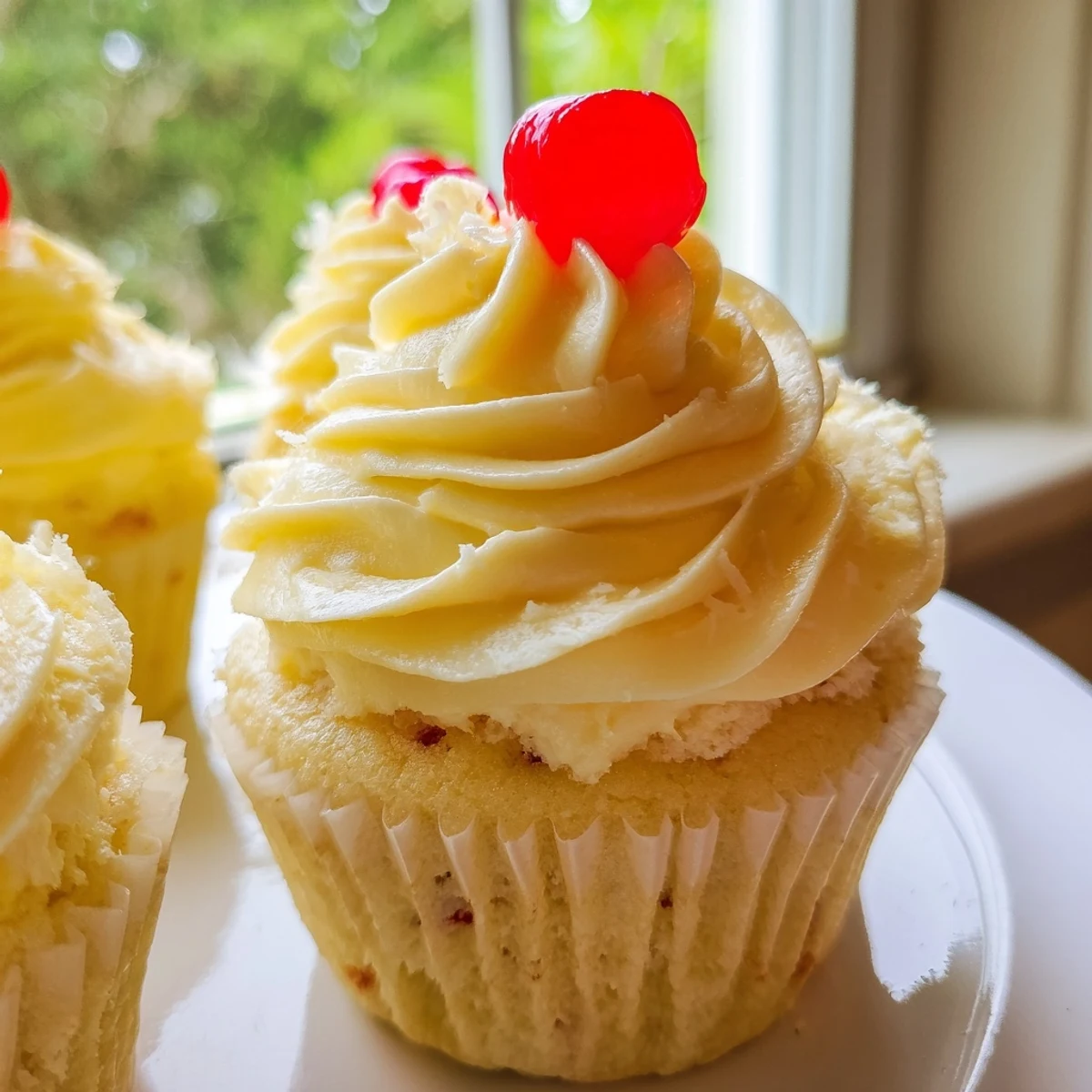 Golden Dole Whip Cupcakes swirled with creamy pineapple frosting and cherry garnish
