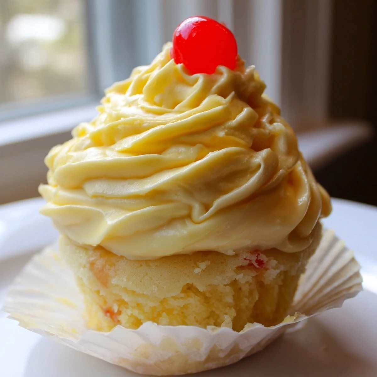 Moist pineapple Dole Whip Cupcakes topped with fluffy whipped frosting on a platter