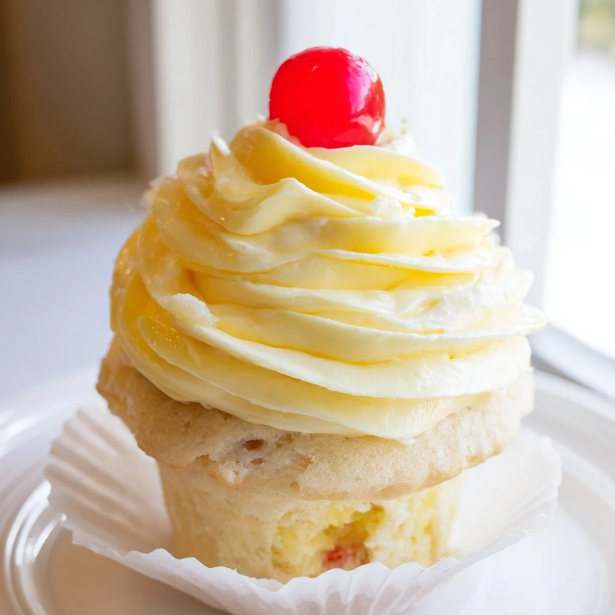 A batch of tropical Dole Whip Cupcakes with light yellow frosting and pineapple wedges