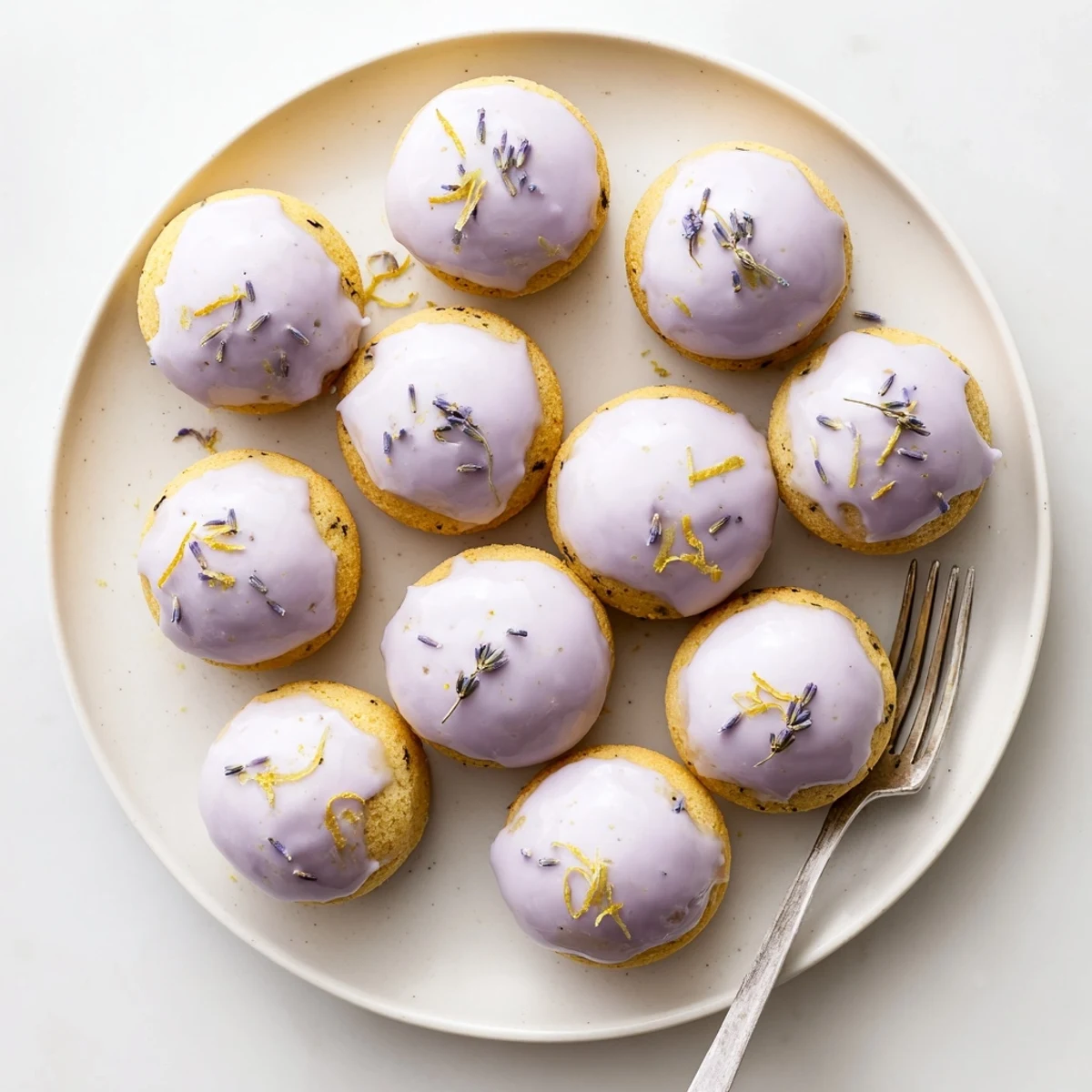 A plate of mini lemon cakes with lavender glaze garnished with citrus zest