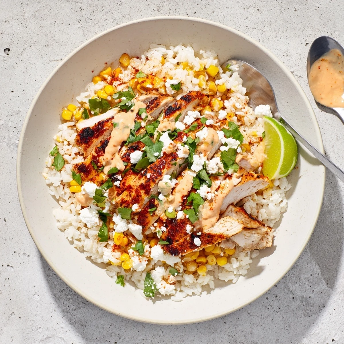 A colorful street corn chicken rice bowl drizzled with creamy tangy sauce and crumbled cotija cheese.