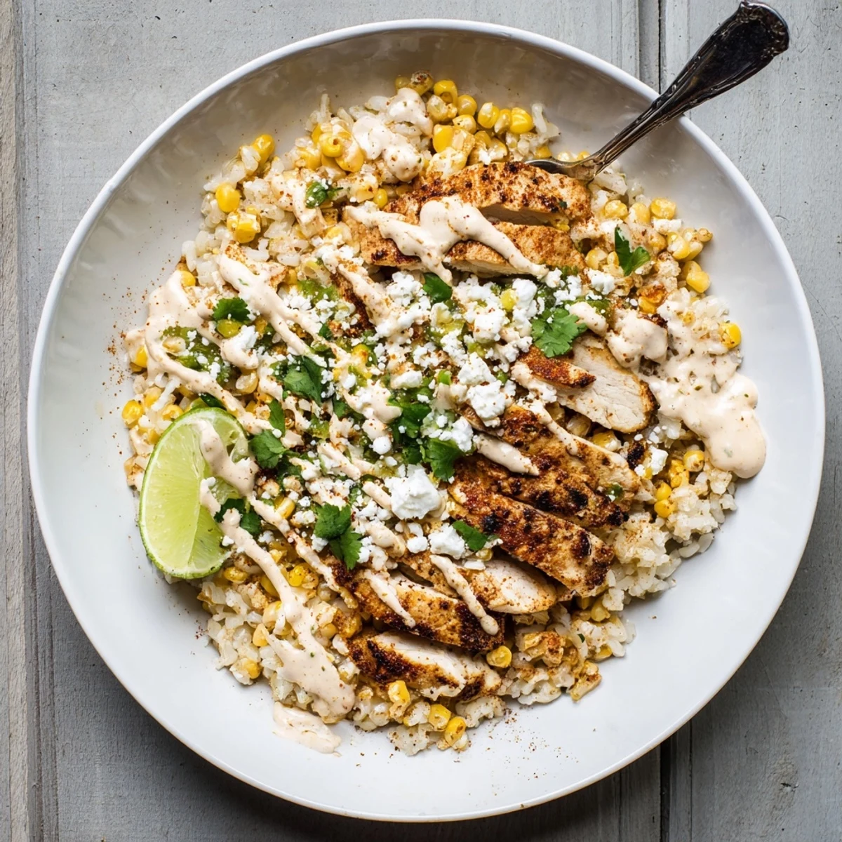 Juicy grilled chicken sliced over seasoned rice and charred corn in a street corn chicken rice bowl.