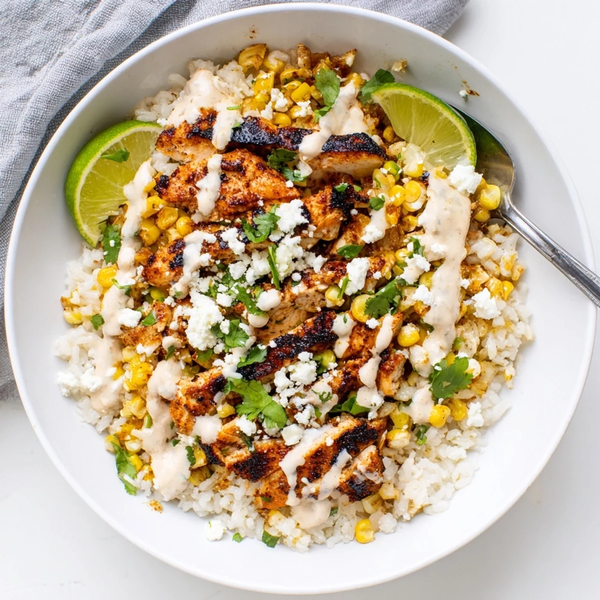 Served in a deep bowl, this street corn chicken rice bowl features lime wedges and fresh cilantro.