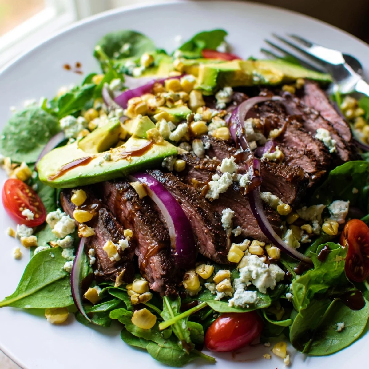 Juicy sliced balsamic steak over crisp greens with crumbled Gorgonzola and grilled corn