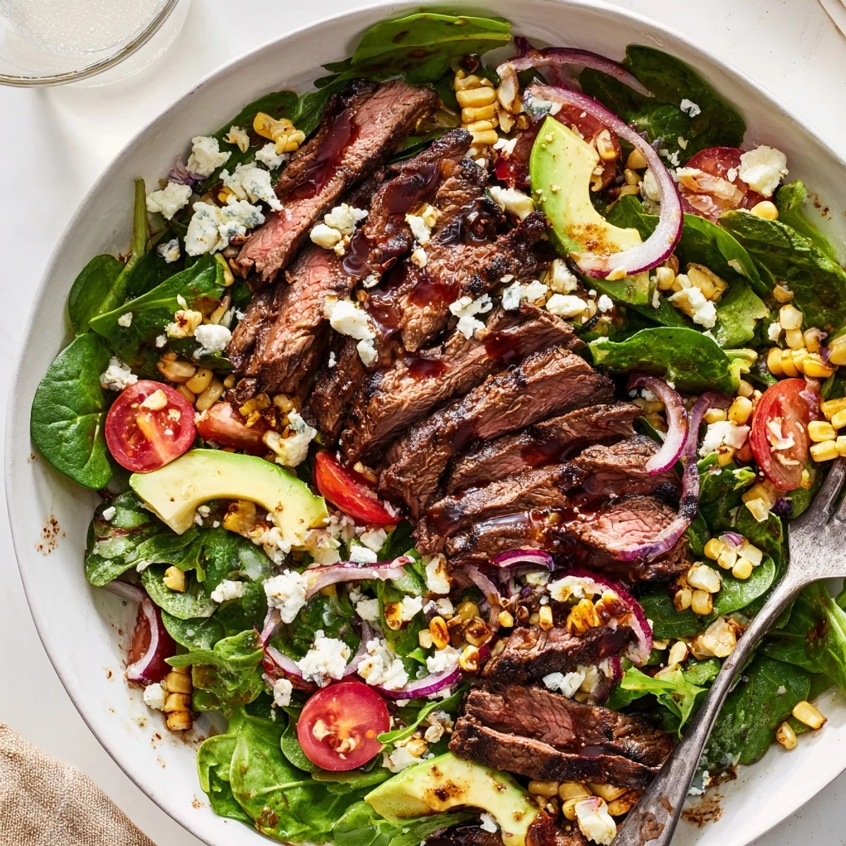 Sliced grilled steak atop a vibrant salad with creamy Gorgonzola, tomatoes, and grilled corn