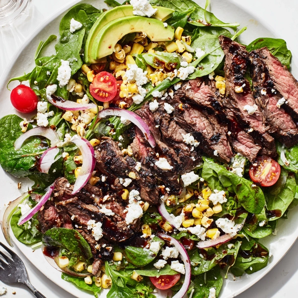 Balsamic steak Gorgonzola salad drizzled with vinaigrette beside charred sweet corn and avocado