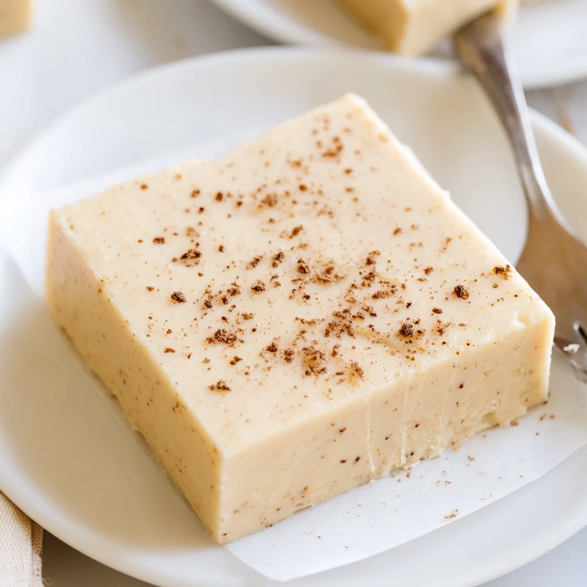Rich Eggnog Fudge sliced into bite-size pieces beside a wooden serving board.