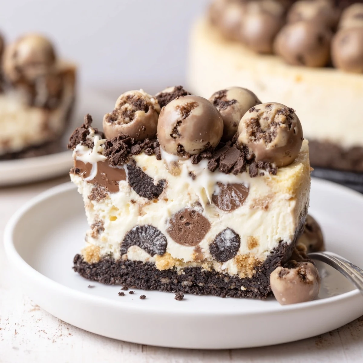 Chocolate Chip Cookie Dough Cheesecake with gooey dough pockets and chocolate crumb crust