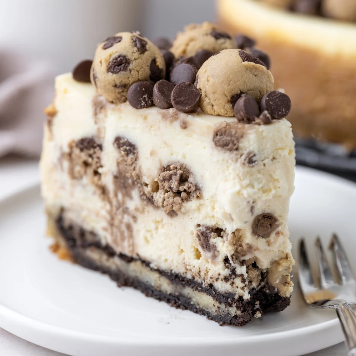 Sliced Chocolate Chip Cookie Dough Cheesecake chilled, topped with mini chips and cookie dough