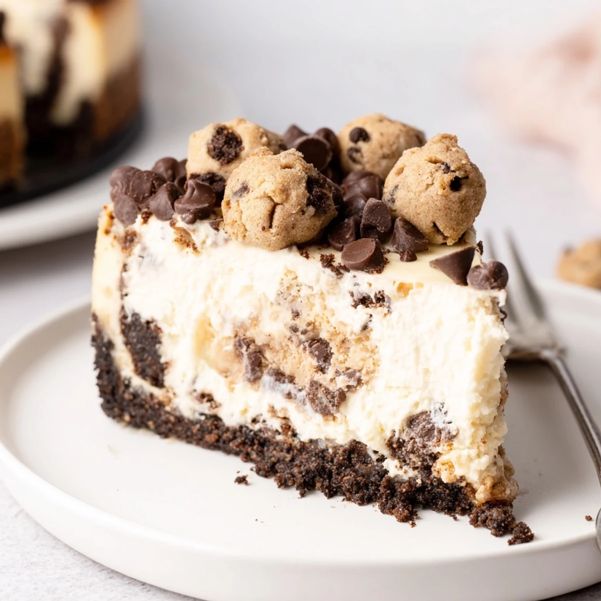 Decadent Chocolate Chip Cookie Dough Cheesecake on a plate, creamy texture, chocolate drizzle