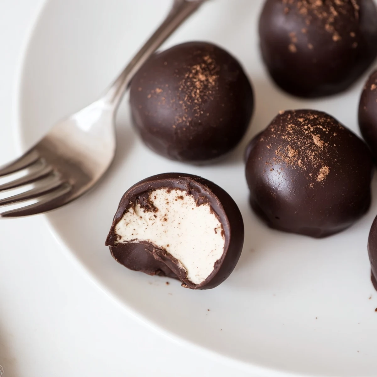 Dark Chocolate Eggnog Truffles glistening with glossy shells, nutmeg dusted on parchment