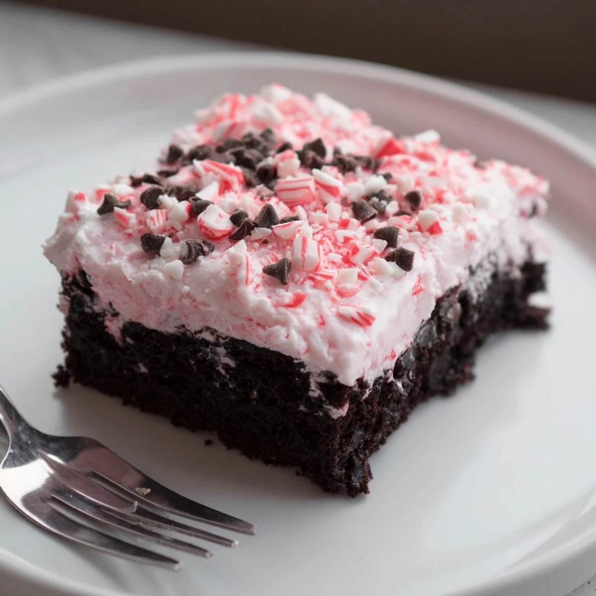 Peppermint Poke Cake with fluffy whipped topping and crushed candies, chilled.