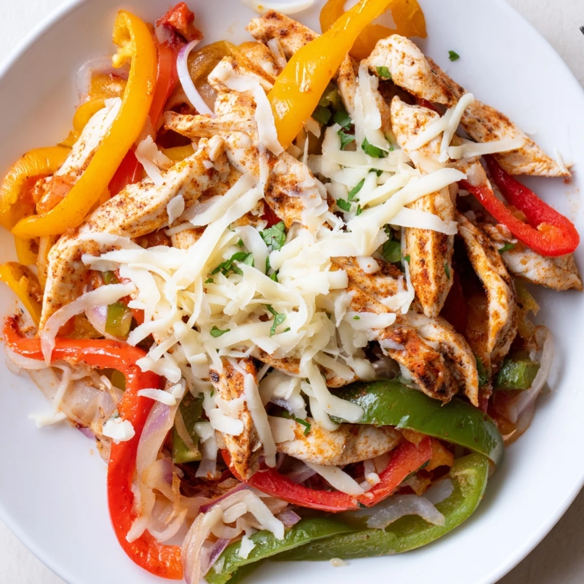 Cheesy Baja Chicken Bell Pepper Skillet sizzling with melted cheese over vibrant peppers