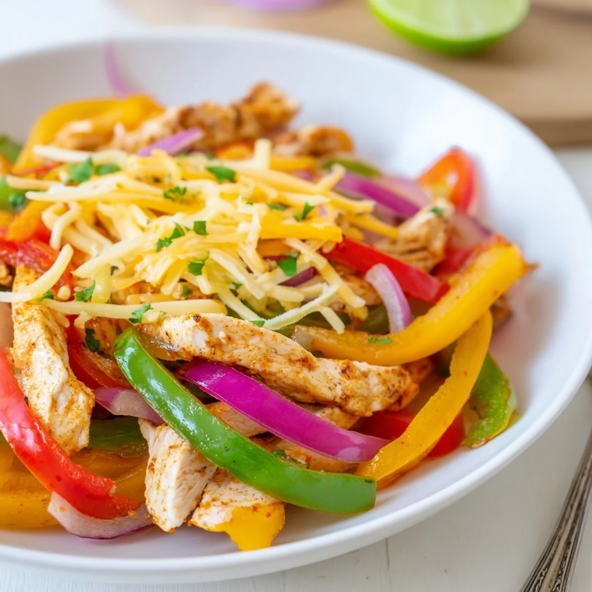 Pan of Cheesy Baja Chicken Bell Pepper Skillet served with warm corn tortillas