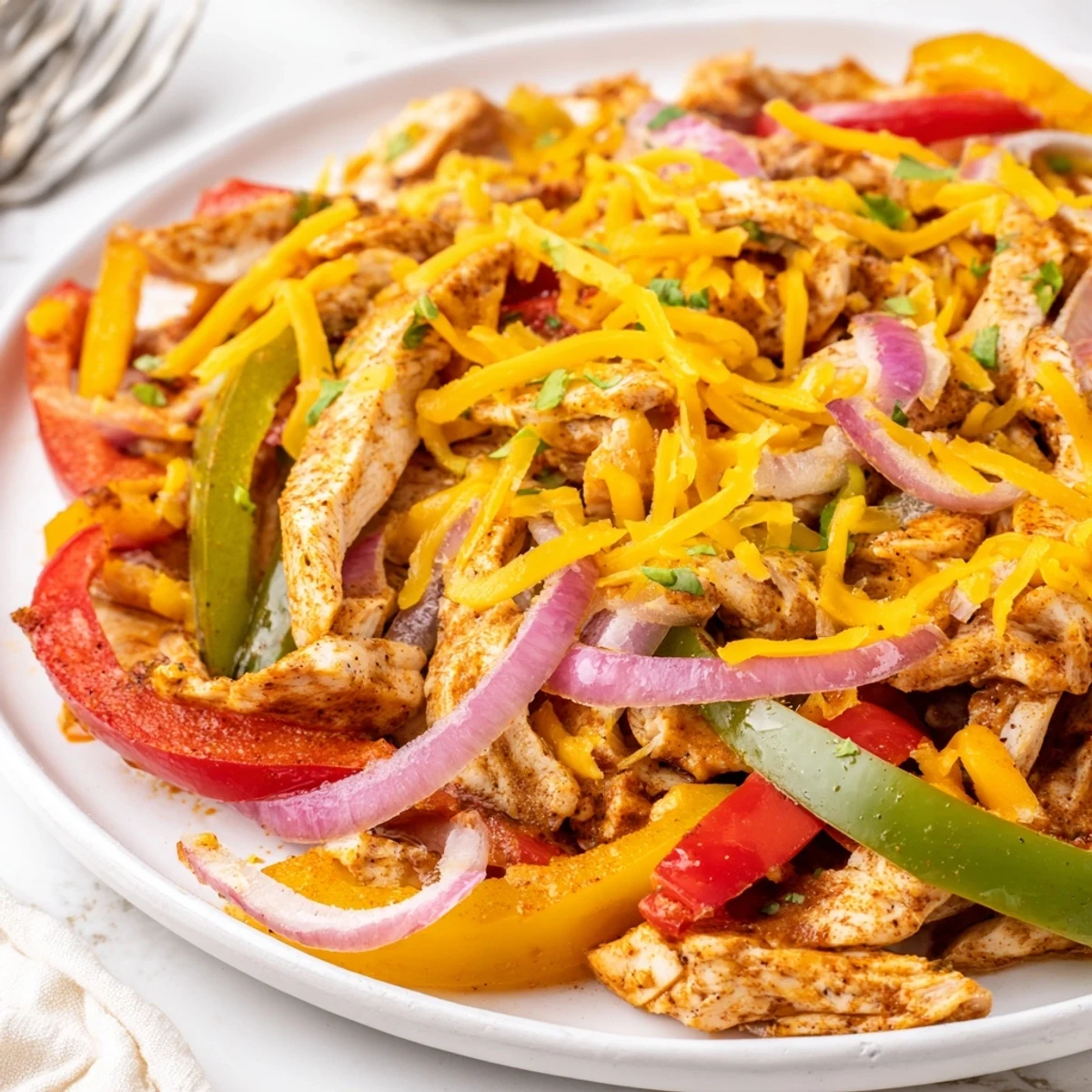 Cheesy Baja Chicken Bell Pepper Skillet topped with bubbling cheddar, cilantro, lime