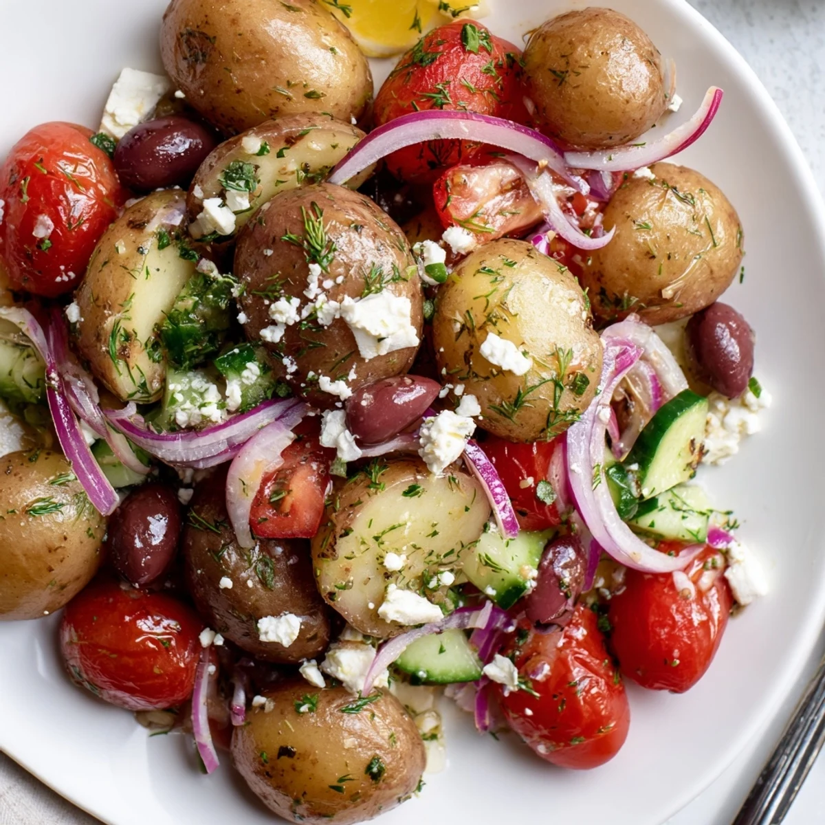 Olive Greek Potato Salad piled in bowl, creamy potatoes, briny olives, lemony dressing.