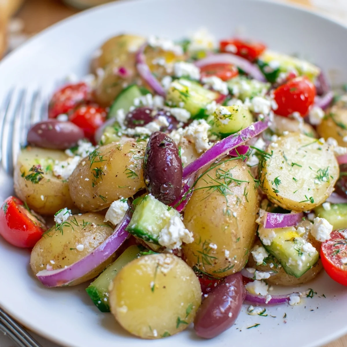 Bright Olive Greek Potato Salad with tangy herb dressing, feta crumbles, crisp cucumber.