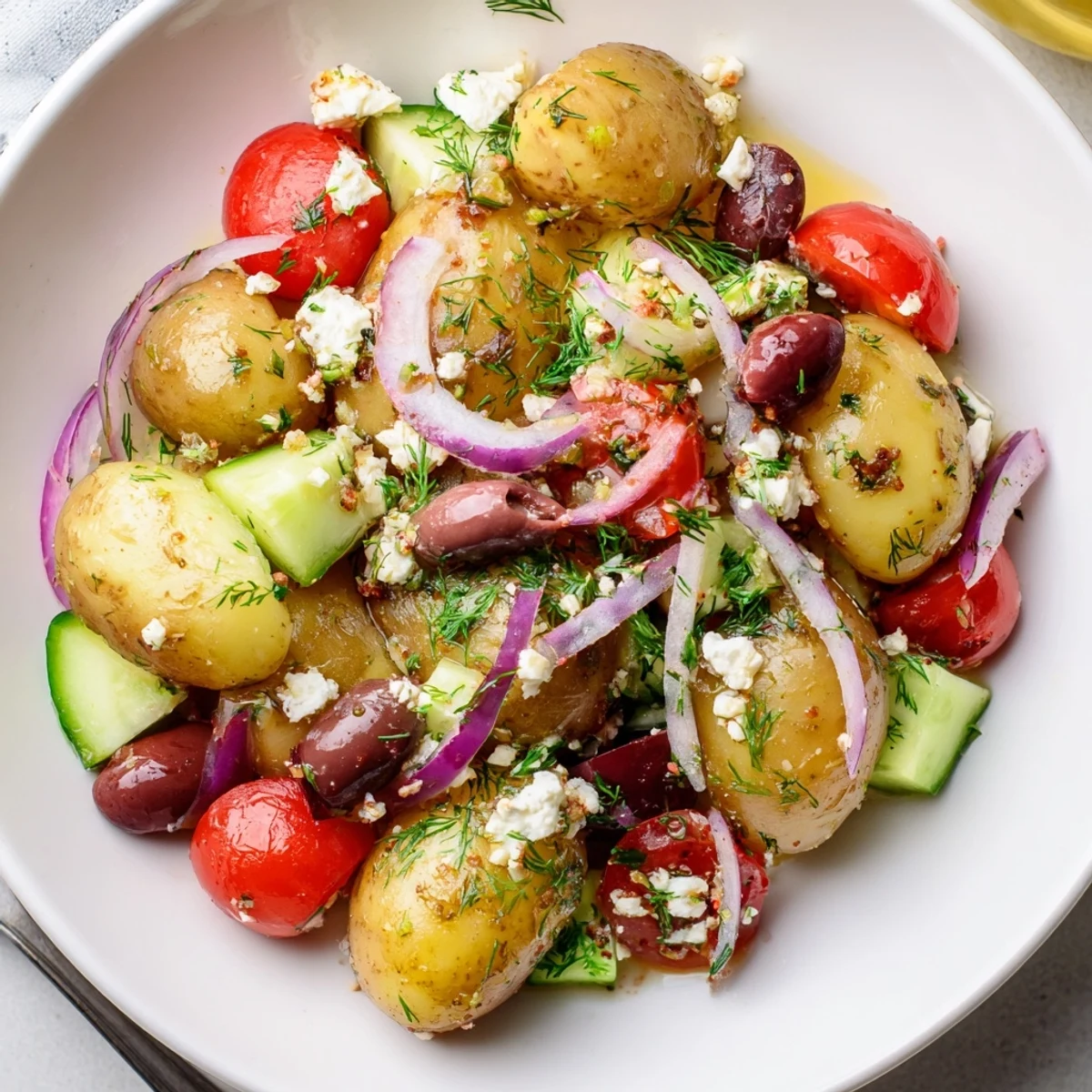 Chilled Olive Greek Potato Salad served at picnic, fork-ready, fresh parsley aroma.
