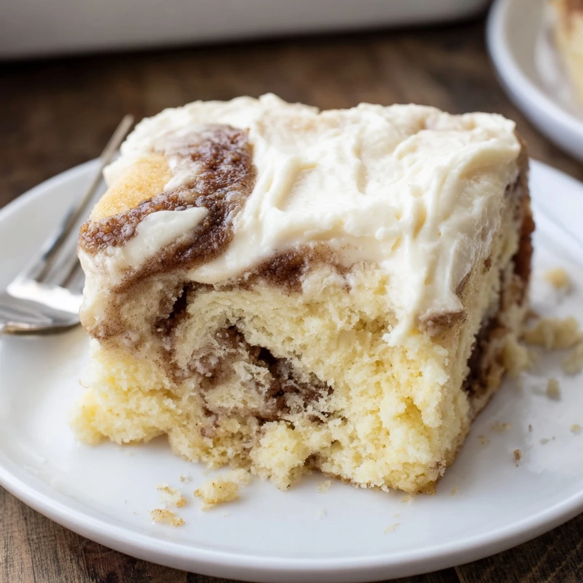 Cinnamon Roll Poke Cake with gooey cinnamon pockets and cream cheese frosting.