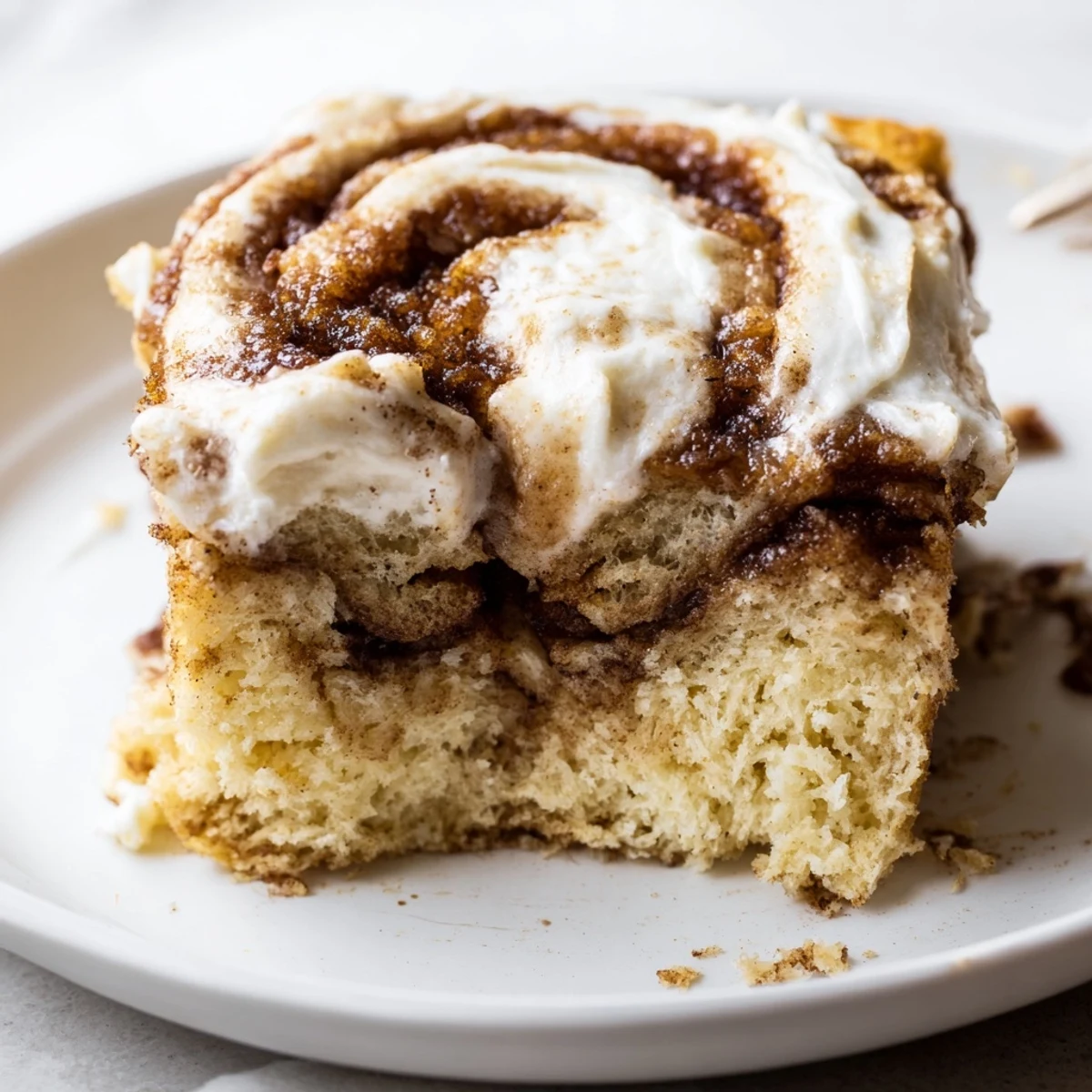Sliced Cinnamon Roll Poke Cake served warm with a scoop of vanilla ice cream.