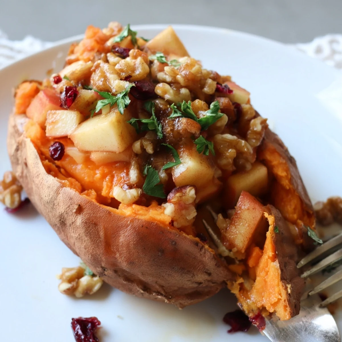 Stuffed Sweet Potatoes With Apples steaming on a baking sheet, cinnamon aroma  