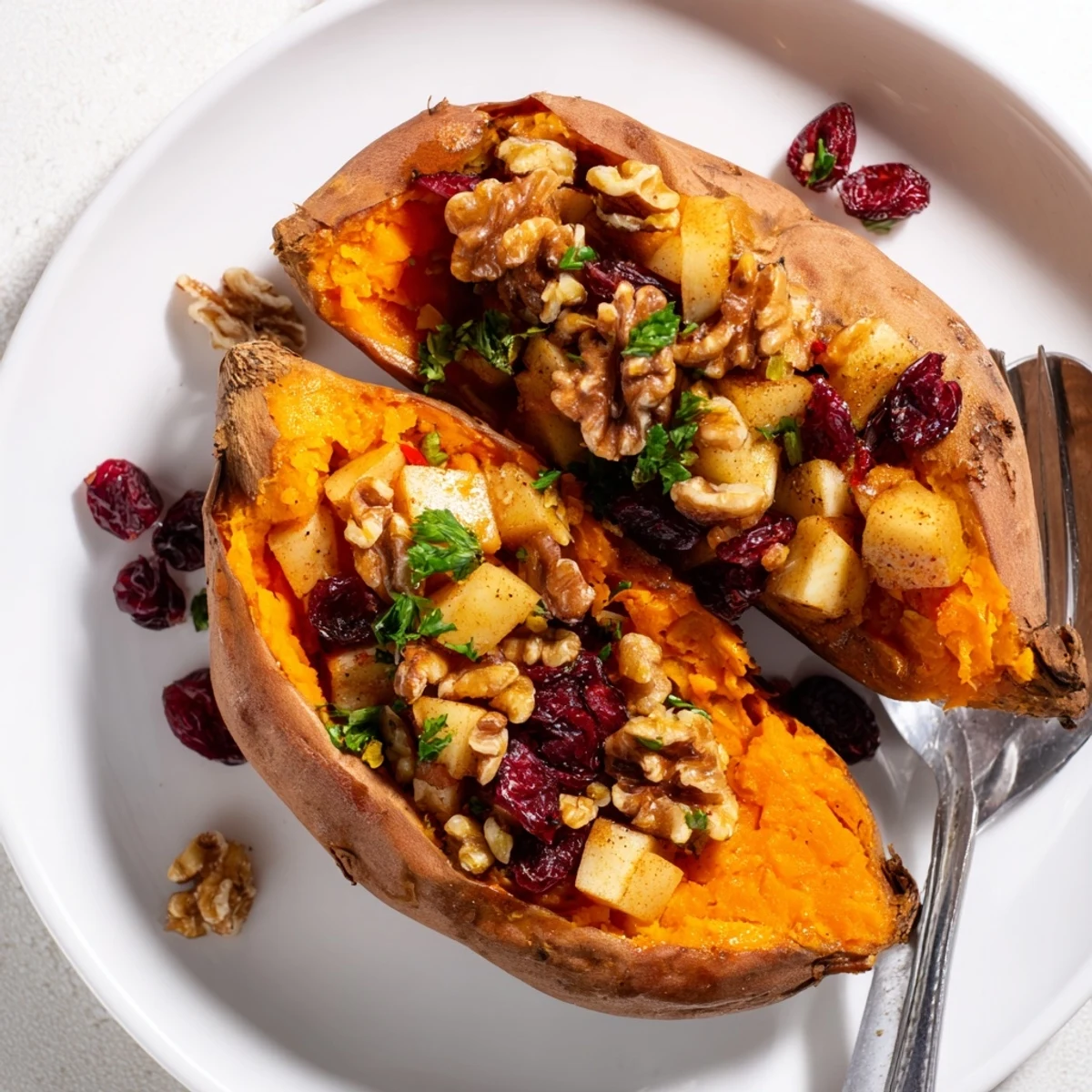 Warm Stuffed Sweet Potatoes With Apples topped with walnuts, maple-glazed filling  
