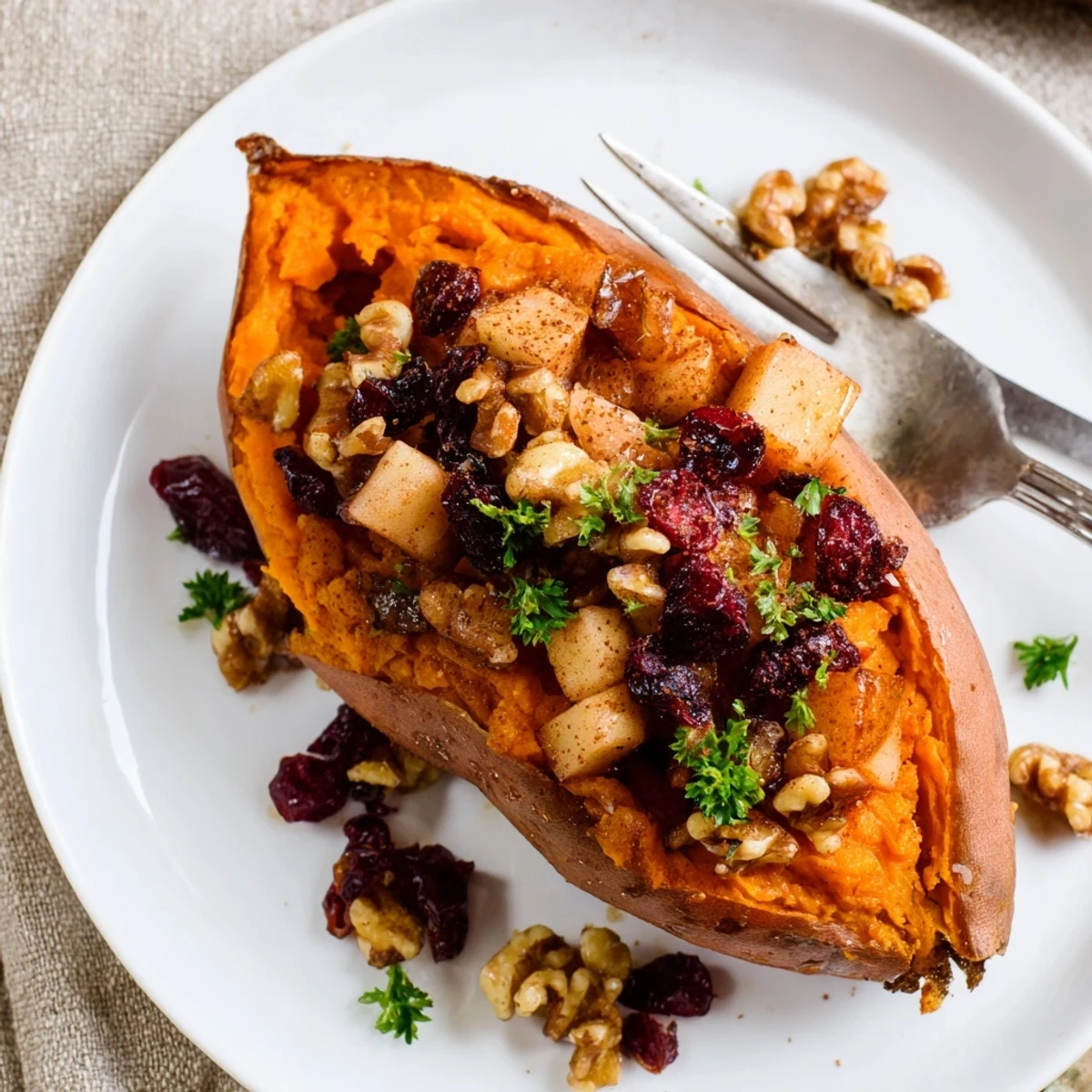 Oven-roasted Stuffed Sweet Potatoes With Apples garnished with dried cranberries and parsley
