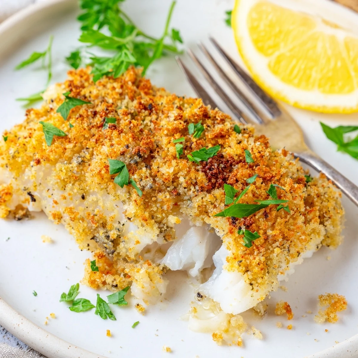 Golden breadcrumb-topped Boston Baked Cod steaming with lemon wedges and parsley.