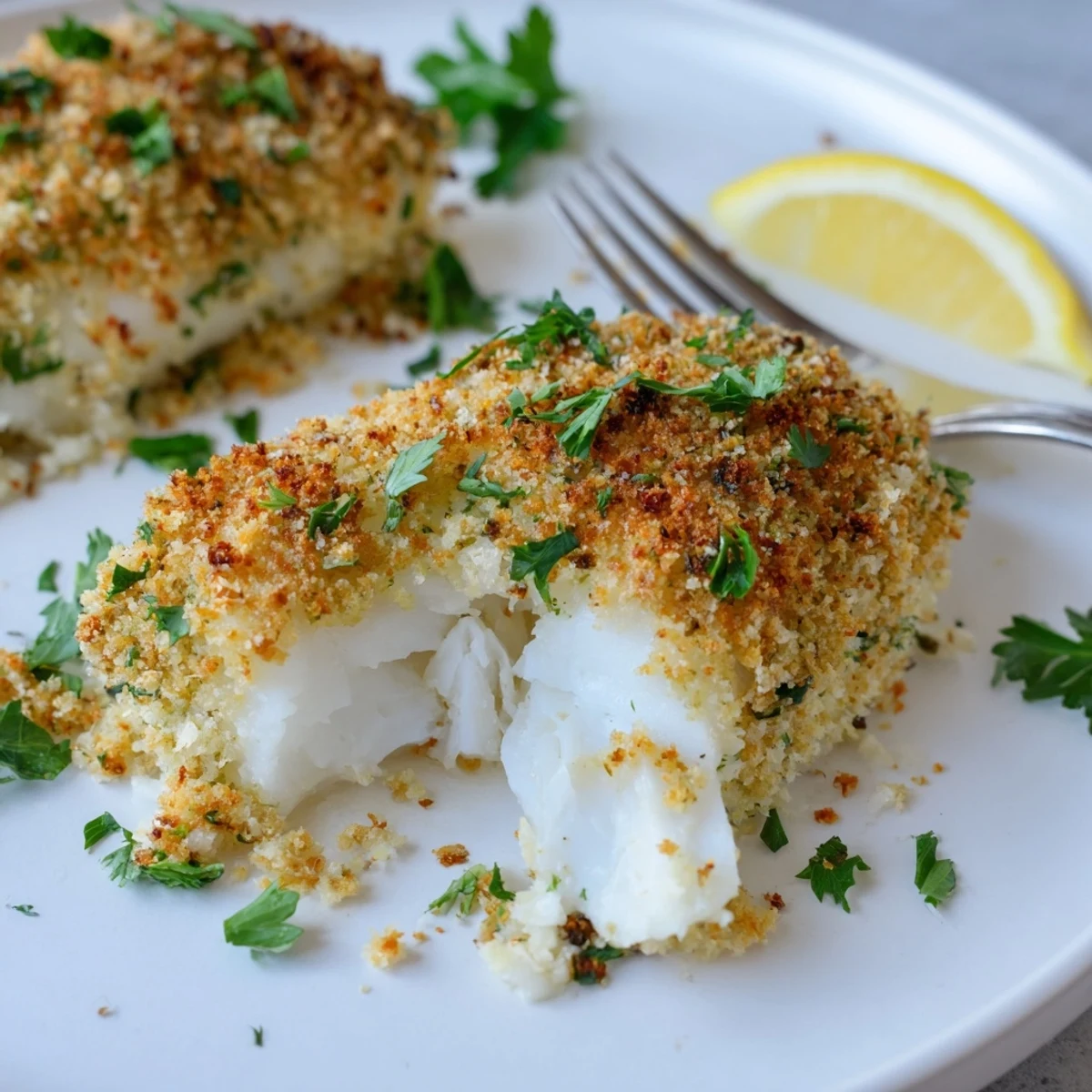 Herby, buttery Boston Baked Cod fresh from oven, flaky and fragrant.