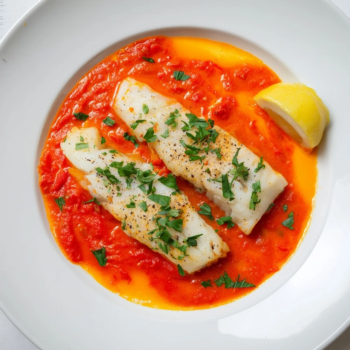 Cod In Roasted Red Pepper Sauce served over rice, lemon wedges, parsley