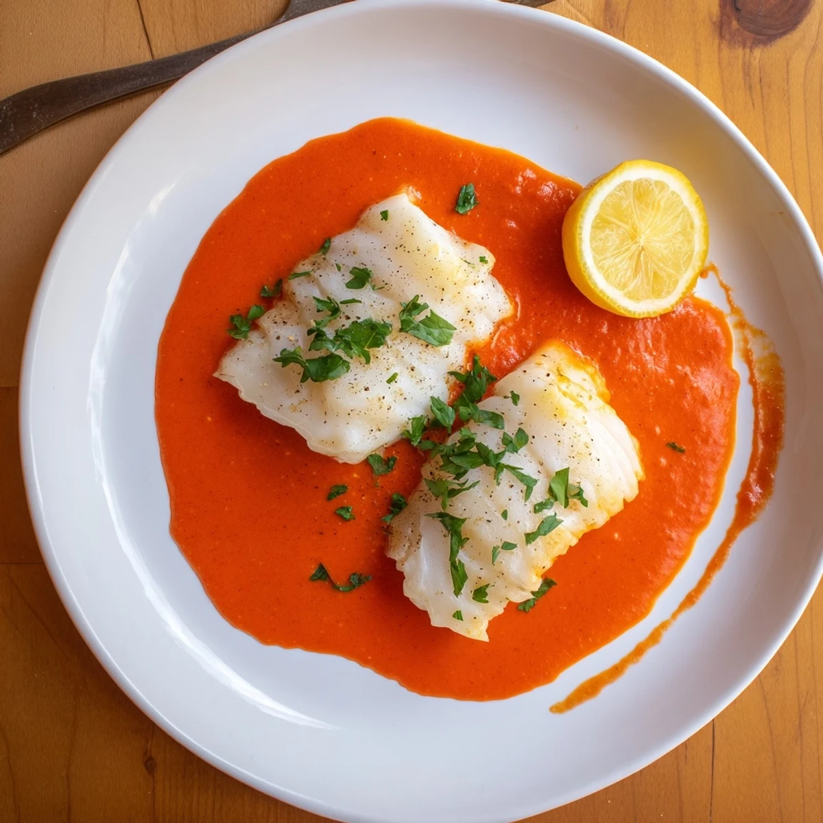 Skillet of silky, fragrant Cod In Roasted Red Pepper Sauce, ready to serve