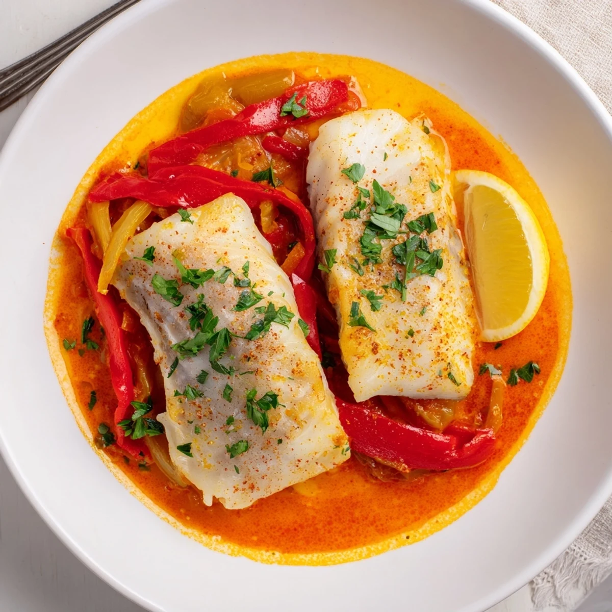 Tender fillets plated in Cod In Roasted Red Pepper Sauce with lemon