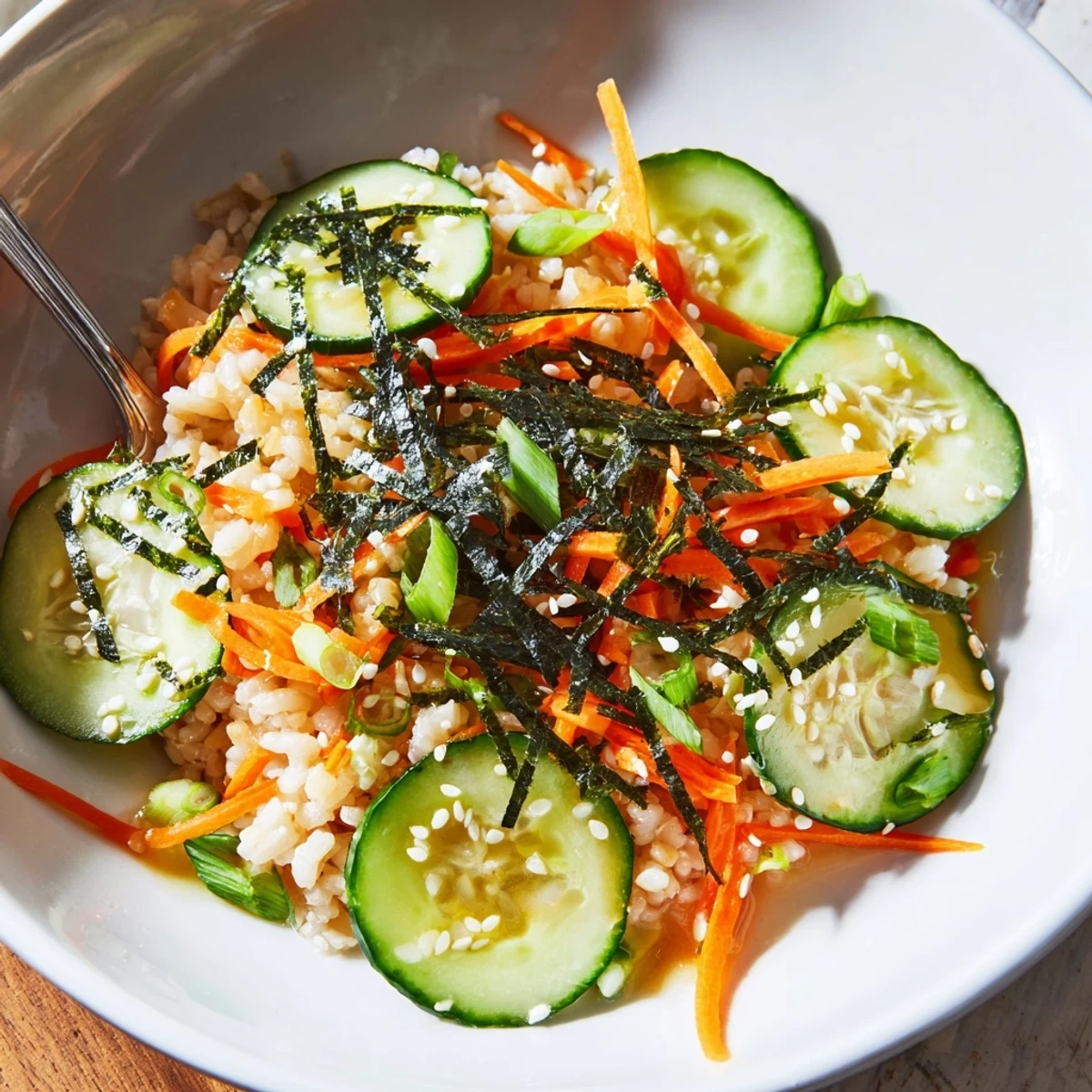 Bright Sushi Cucumber Salad tossed with cooled sushi rice, green onions, sesame seeds
