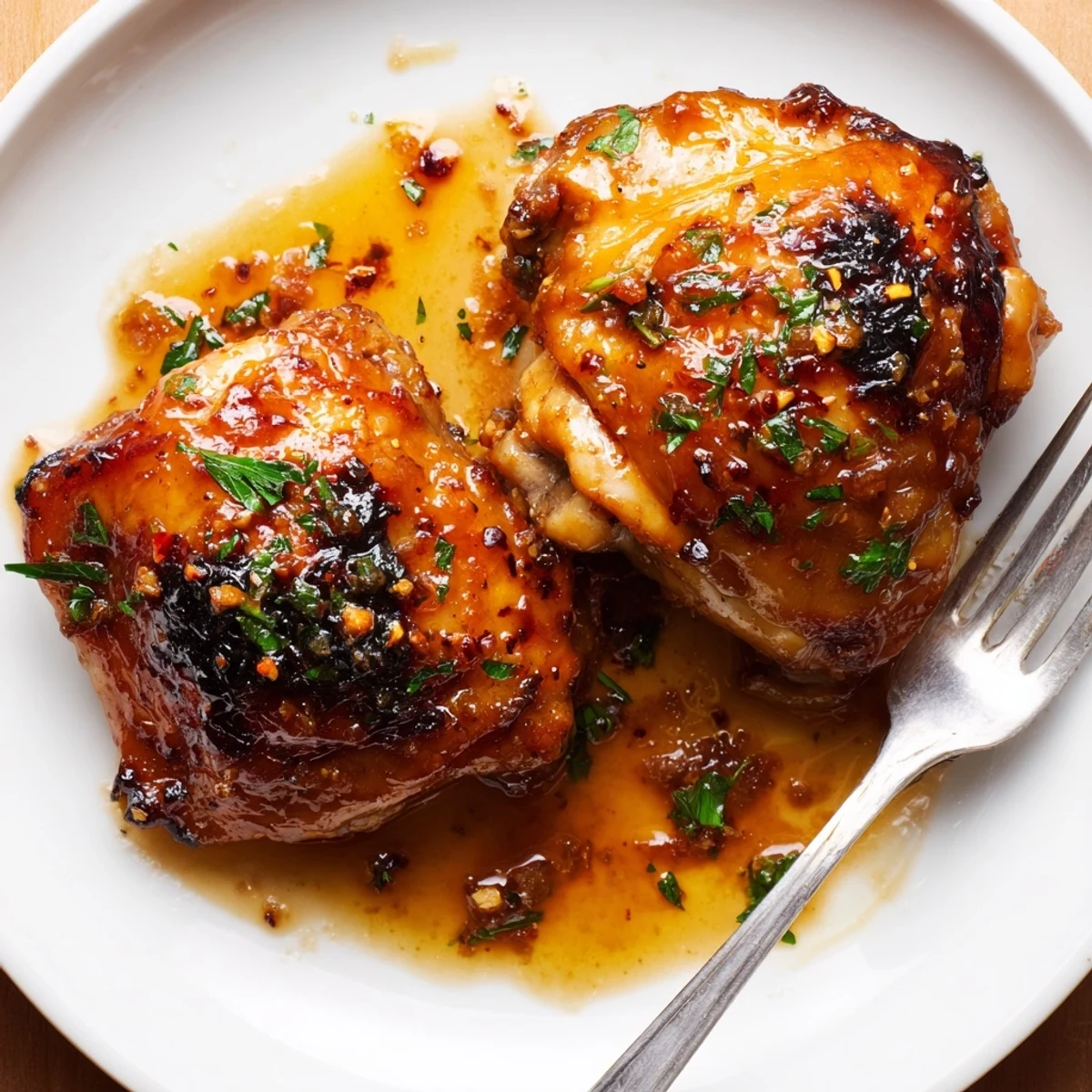 Maple Glazed Chicken Thighs with glossy caramelized skin, steaming on skillet.
