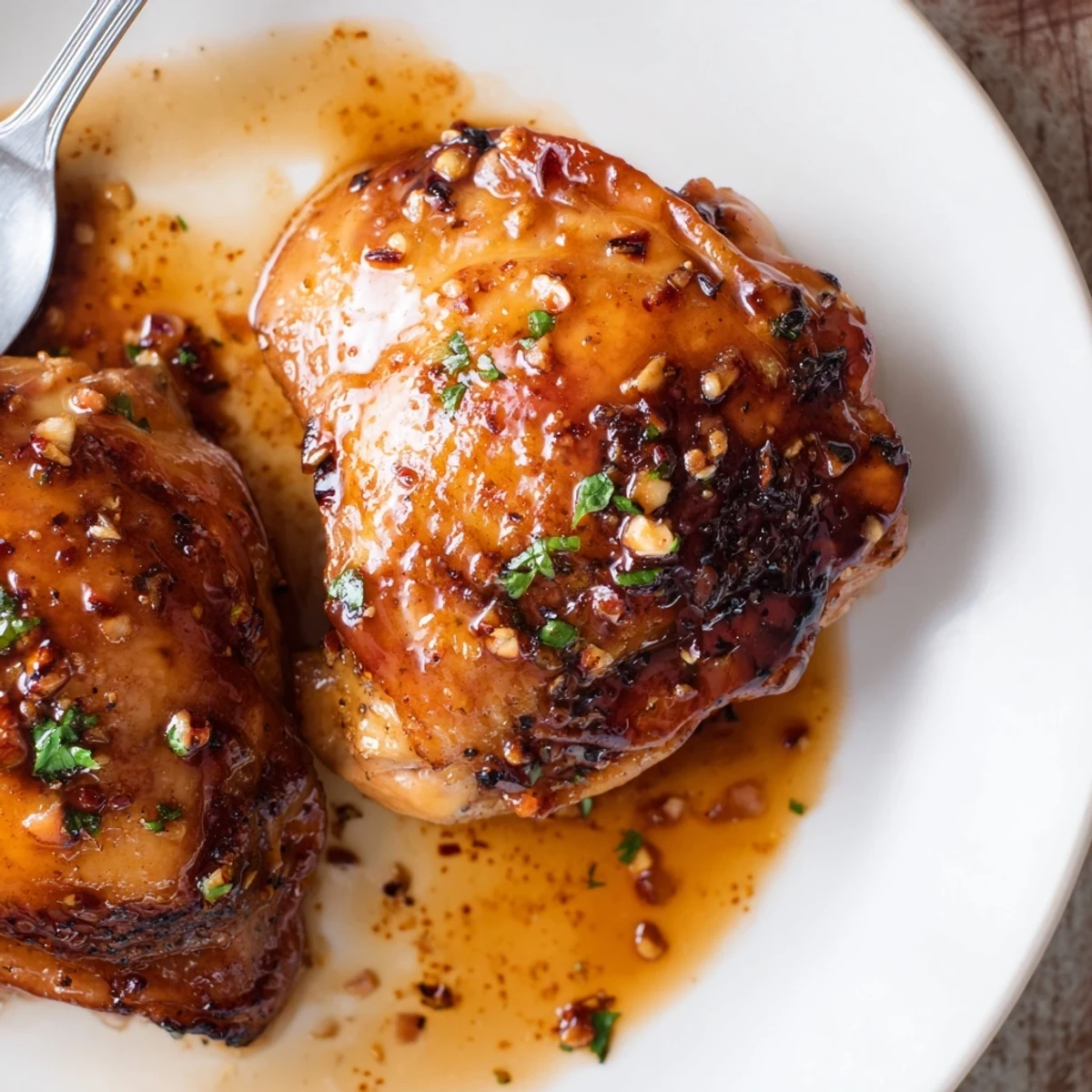 Baked Maple Glazed Chicken Thighs with sticky sweet and savory glaze, ready.
