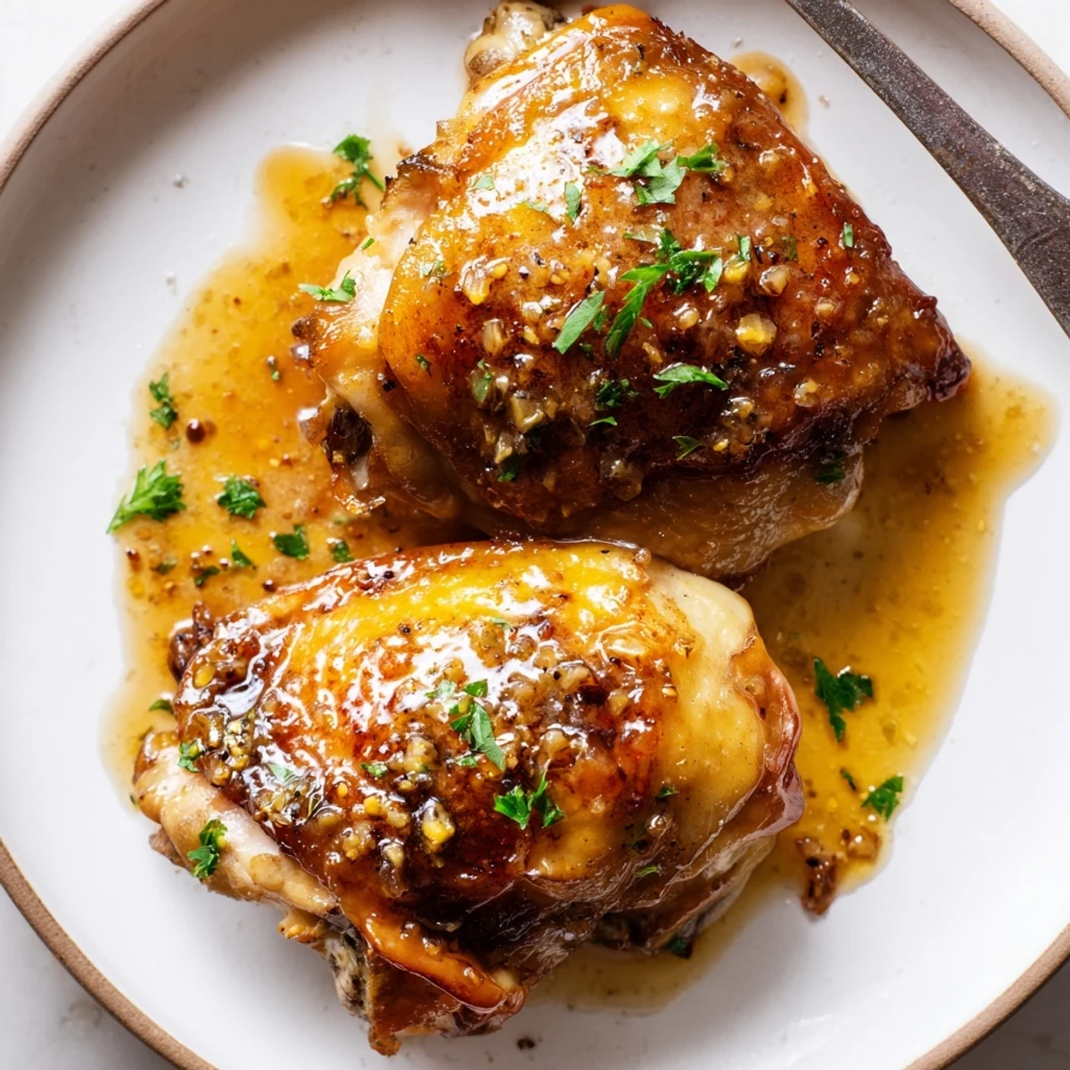 Roasted Maple Glazed Chicken Thighs resting on mashed potatoes, parsley sprinkled.