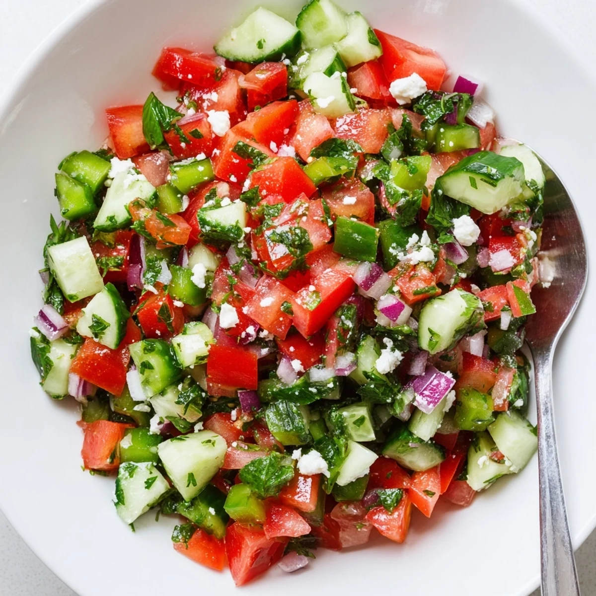 Turkish Shepherds Salad with juicy tomatoes, crisp cucumbers, lemony olive oil dressing