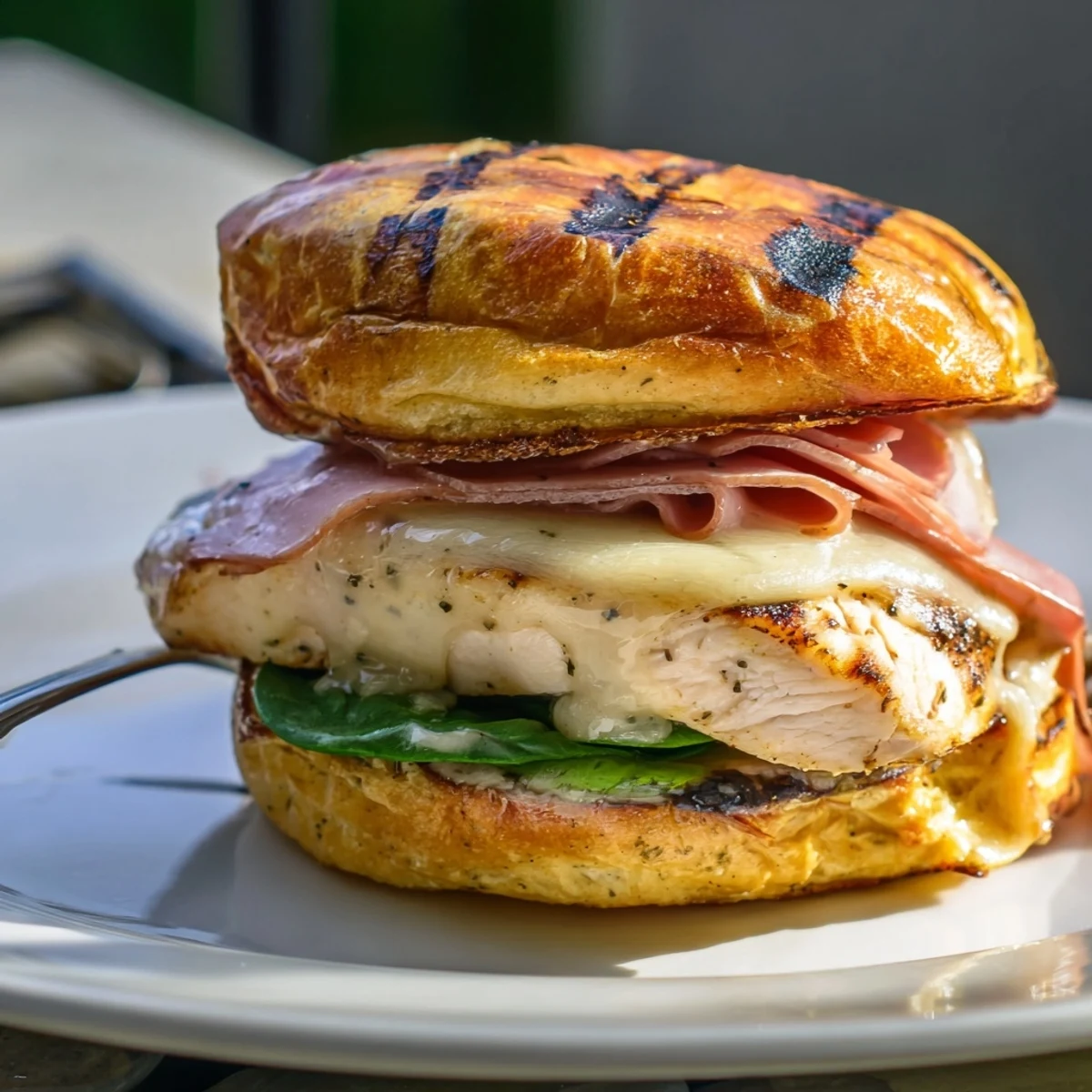 Grilled Chicken Cordon Bleu Sandwich with melty Swiss, smoky ham, toasted brioche