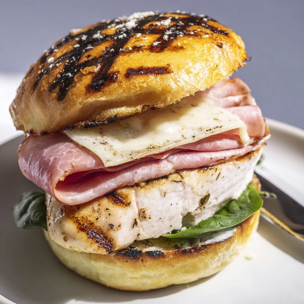 Juicy Grilled Chicken Cordon Bleu Sandwich topped with honey Dijon, lettuce, steam rising