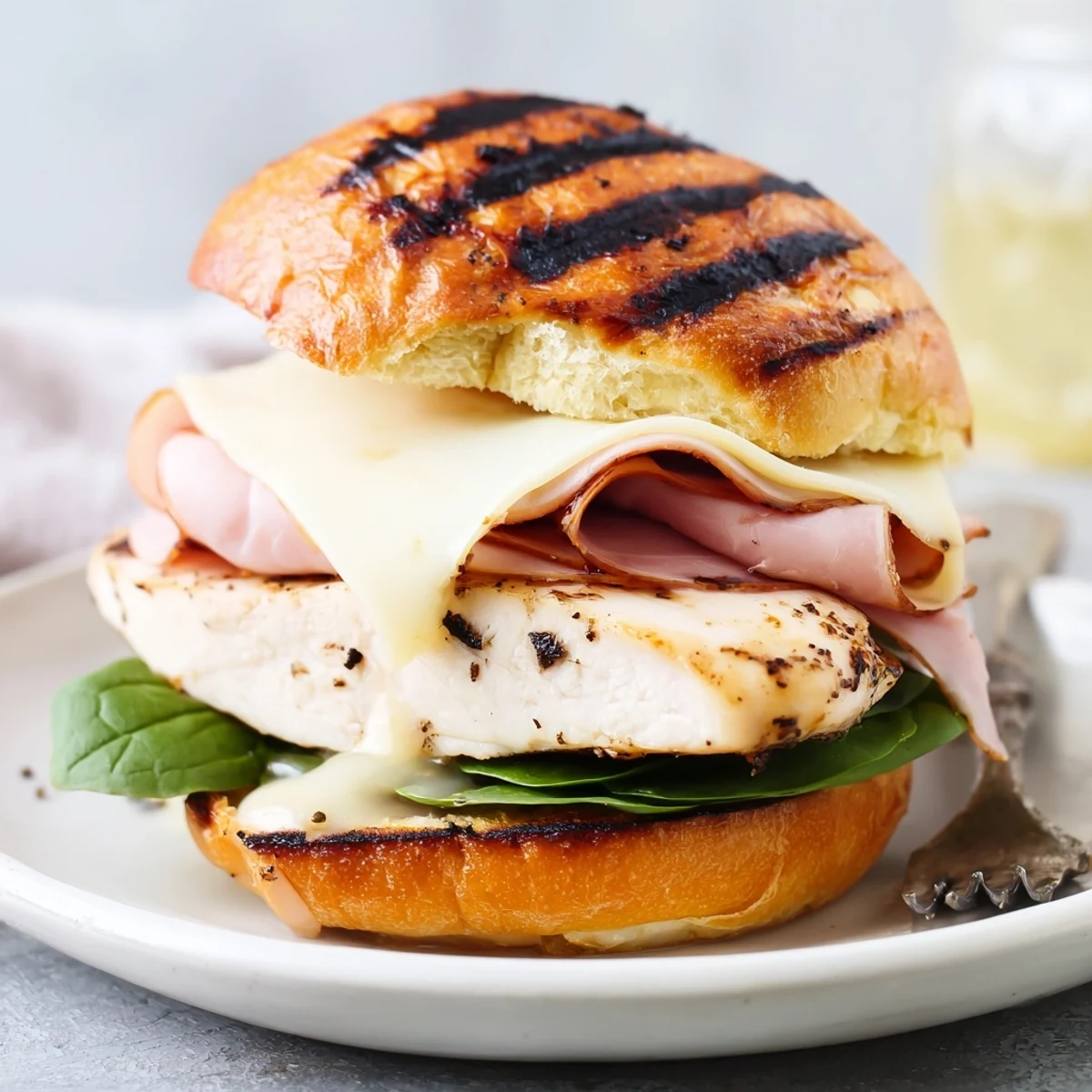 Stacked Grilled Chicken Cordon Bleu Sandwich sliced in half showing gooey cheese