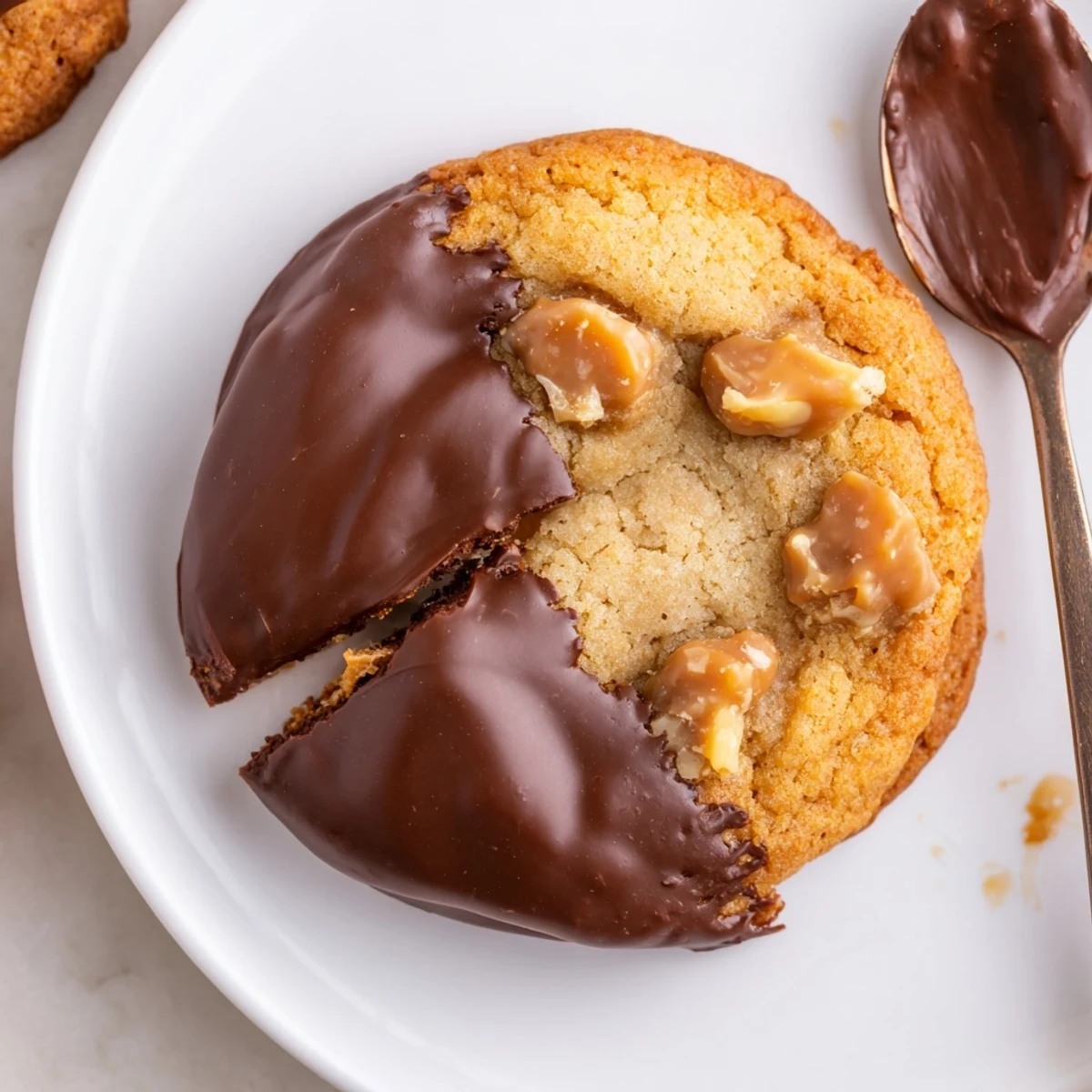Warm Chocolate Dipped Toffee Cookies on wire rack, melty chocolate and crunch.