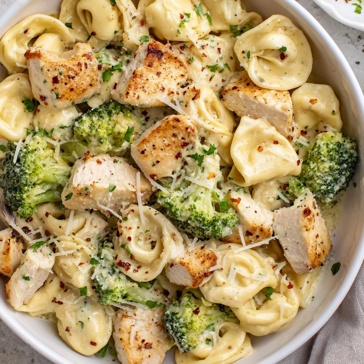 Bowl of Creamy Garlic Parmesan Tortellini Chicken Broccoli Recipe garnished with parsley, served hot