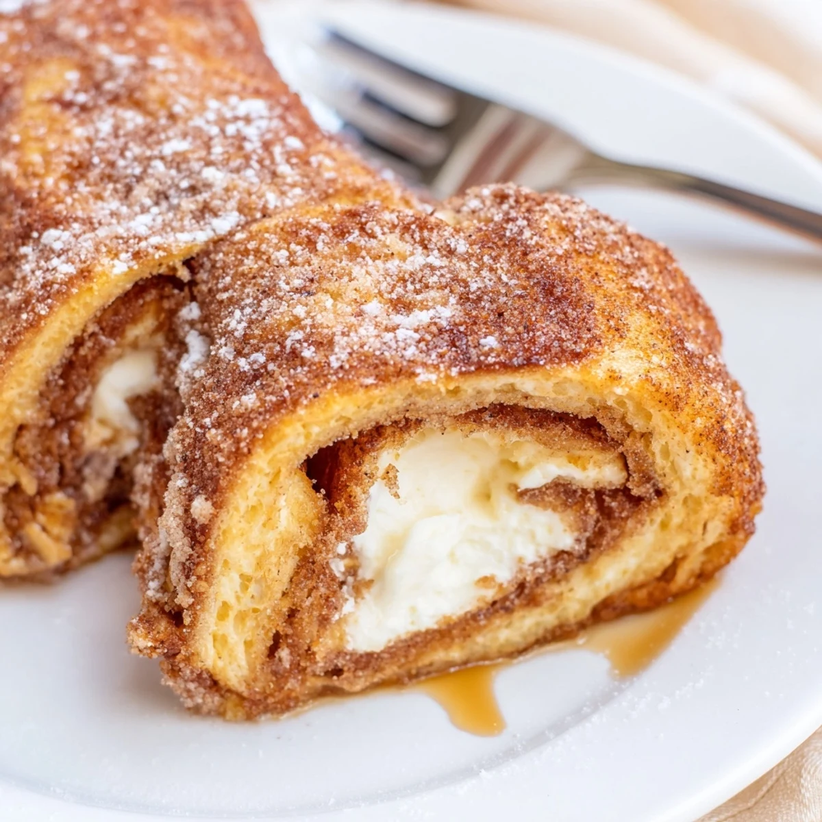 Stacked and dusted Cinnamon Roll French Toast Roll Ups served warm with maple