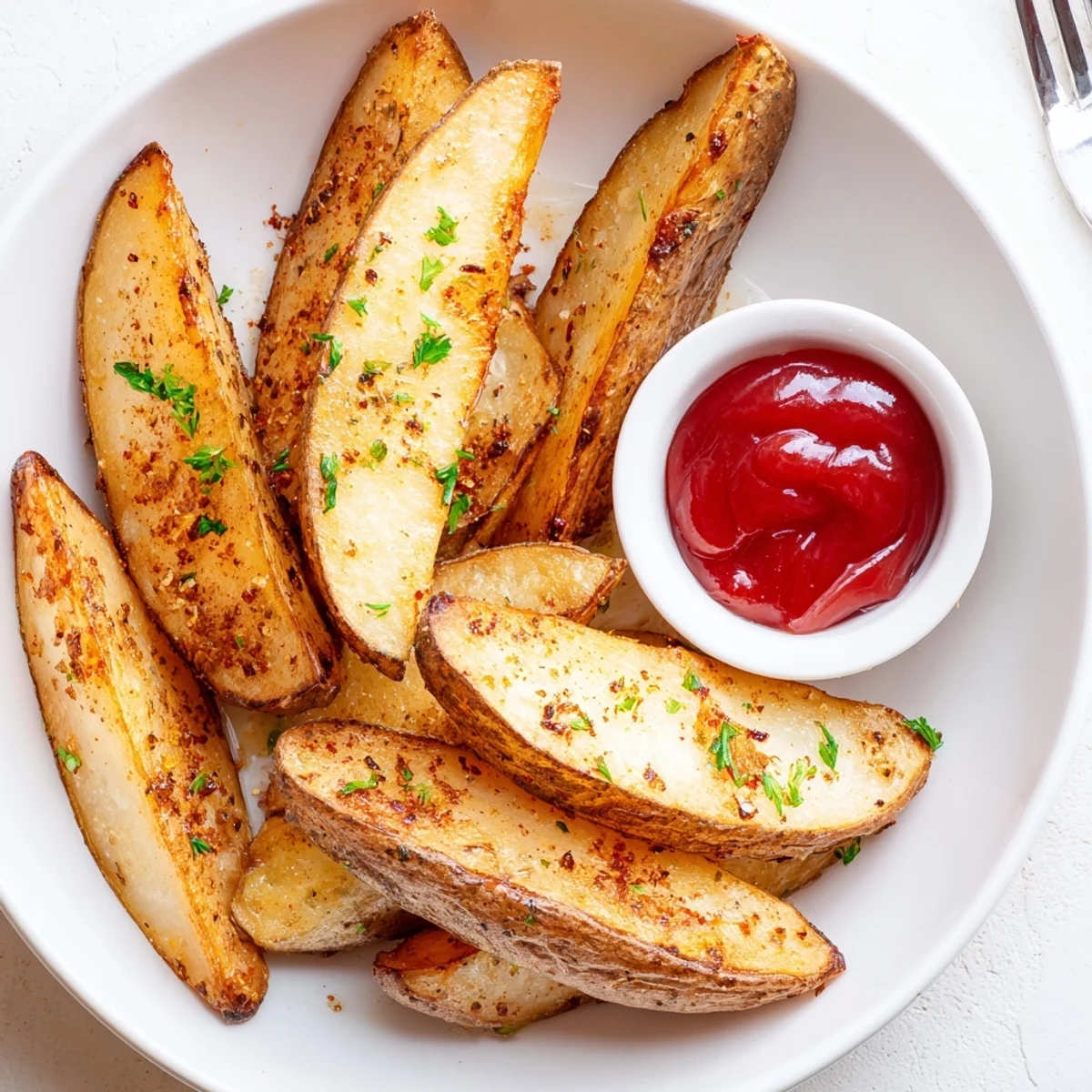 Warm potato wedges piled on a plate, sprinkled with fresh parsley