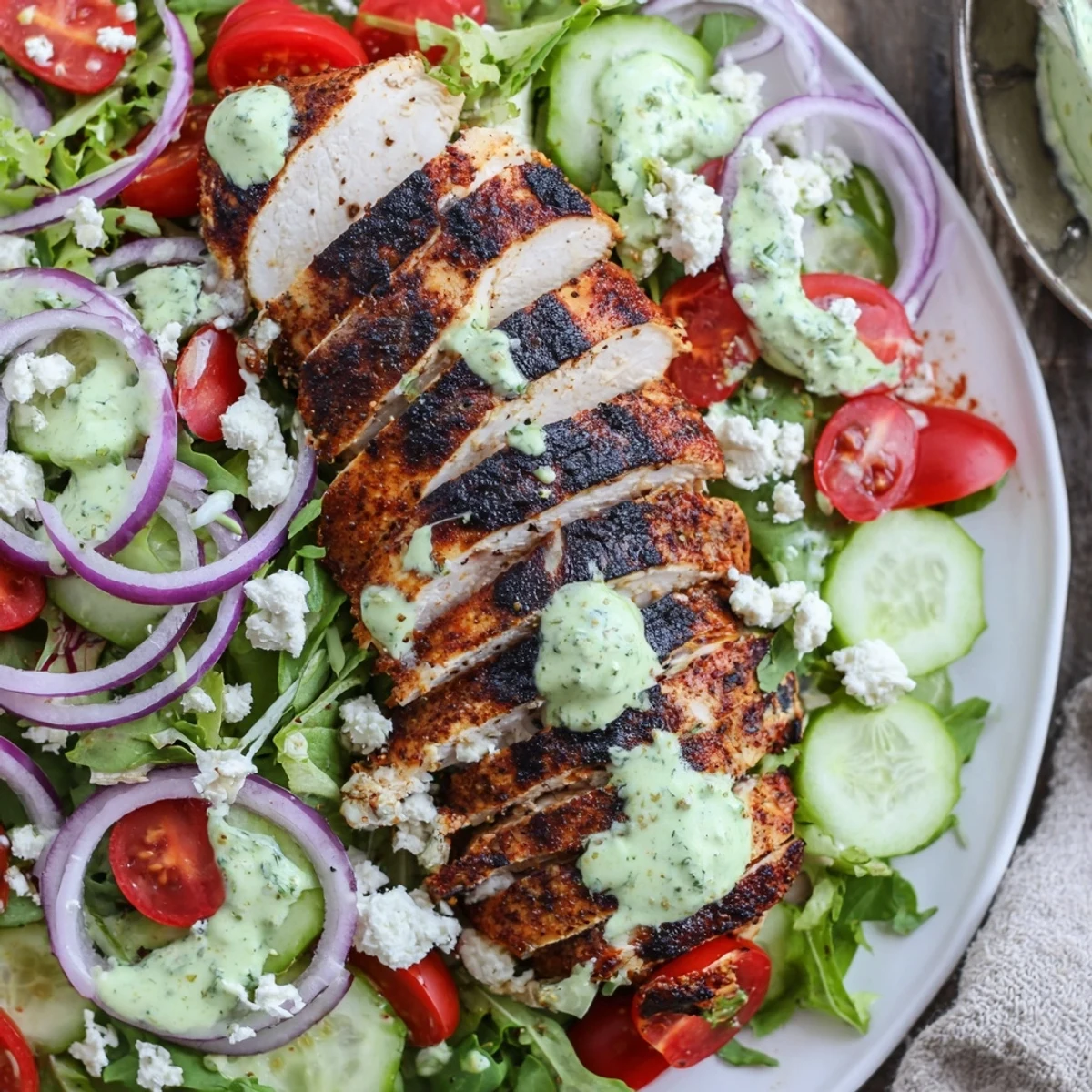 Grilled Chicken Salad Avocado Herb Dressing Recipe with charred chicken, crisp greens.