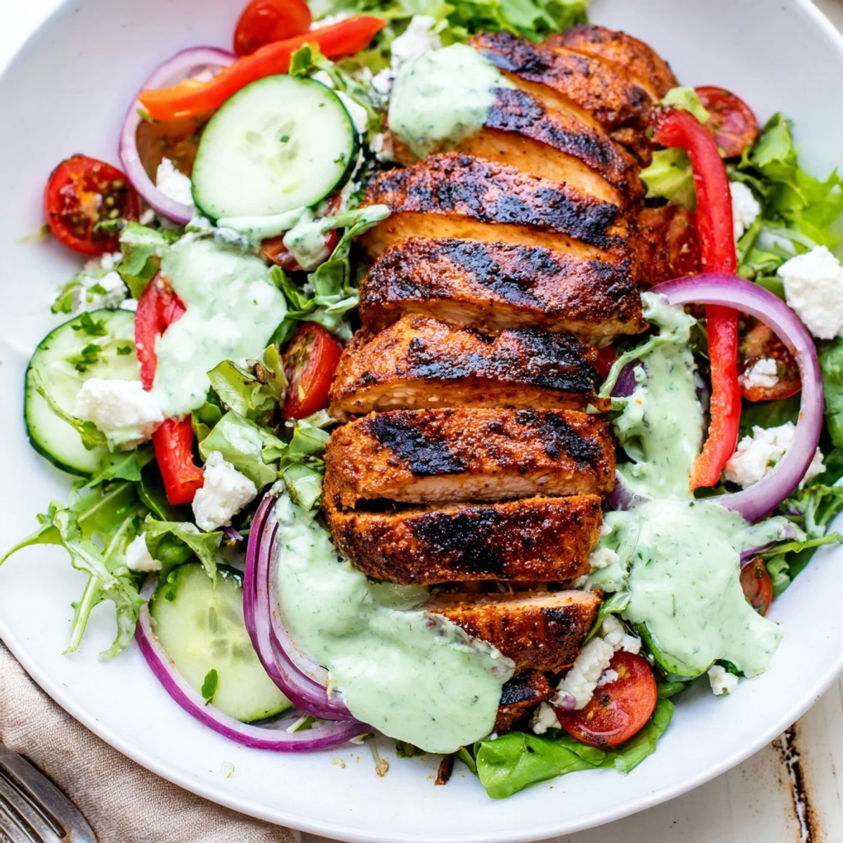 Sliced smoky chicken atop mixed greens in Grilled Chicken Salad Avocado Herb Dressing Recipe.