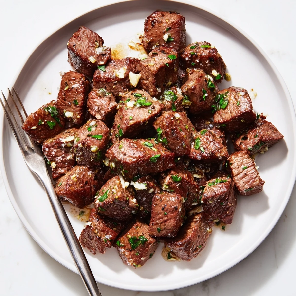 Garlic Butter Steak Bites sizzling in a cast iron pan, glossy butter glaze