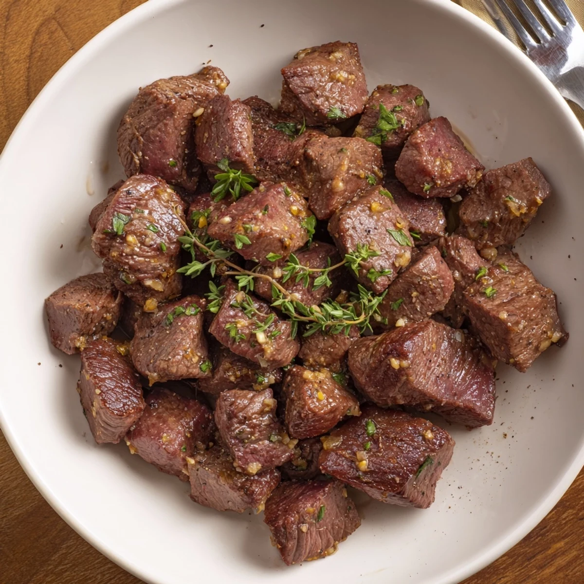 Weeknight Garlic Butter Steak Bites over mashed potatoes, tender seared edges visible
