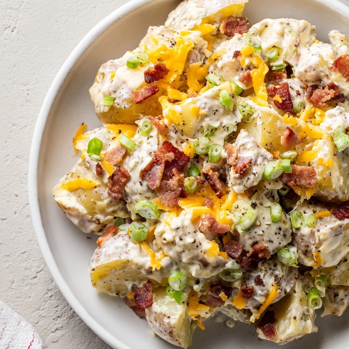 Served warm at potlucks, Beef Bacon Loaded Potato Salad with melted cheddar  