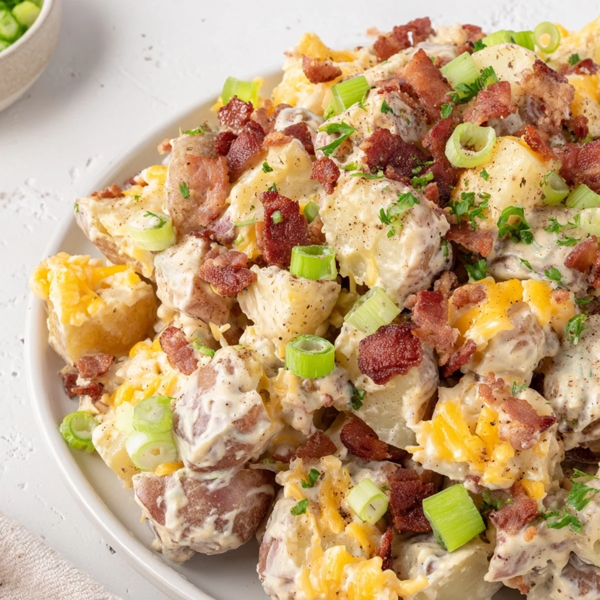Beef Bacon Loaded Potato Salad piled high, creamy dressing, crisp bacon bits  